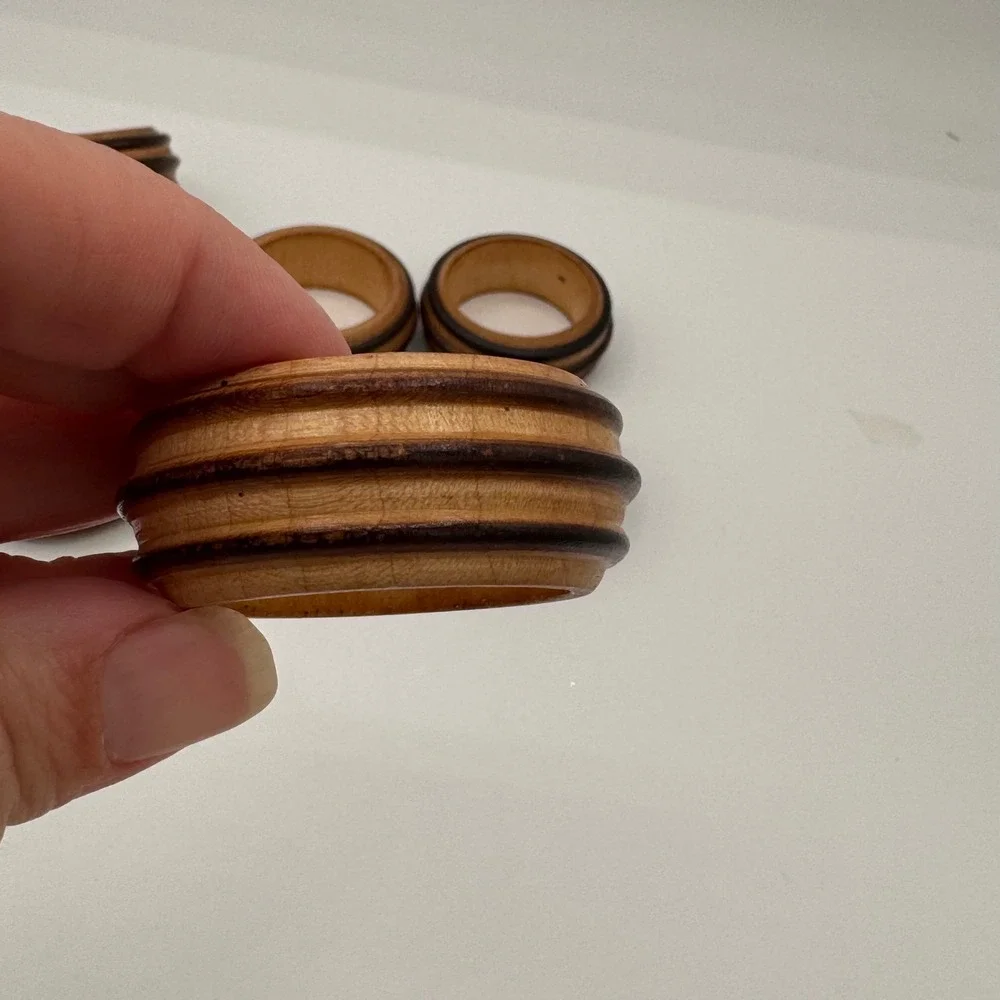 Vintage Set of 10 Ribbed Wood Napkin Rings Brown Striped Beehive Farmhouse Boho